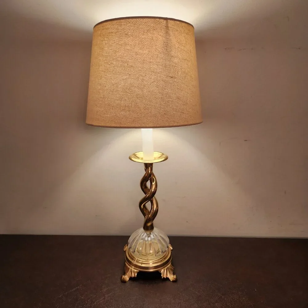 Vintage Brass Barley Twist Table Lamp Swirl Brass -- Glass Bottom
